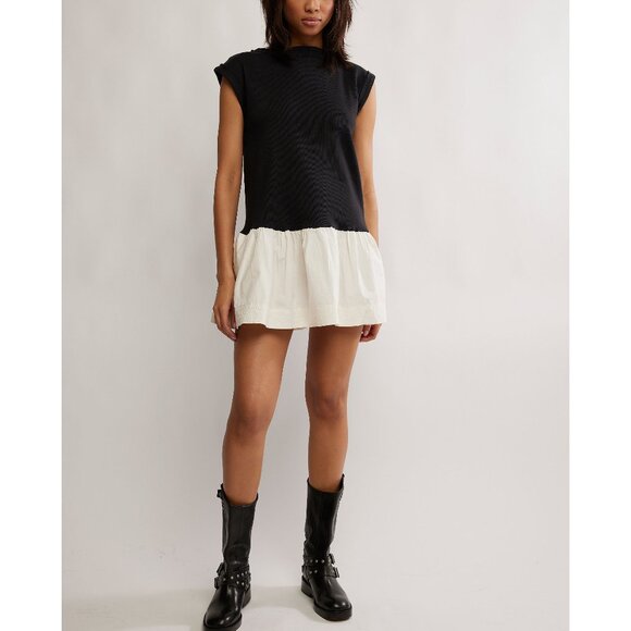 Free People Dresses & Skirts - Free People Black Mini Dress with Mock Neck and Cap Sleeves